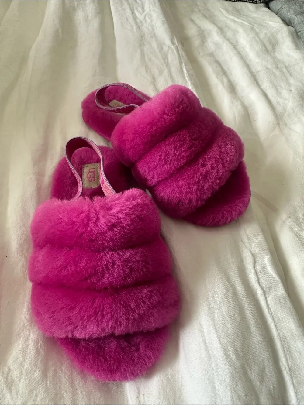 UGG Kids Hot Pink Fluffy Slide Sandals with Back Strap size 12 toddler girls
